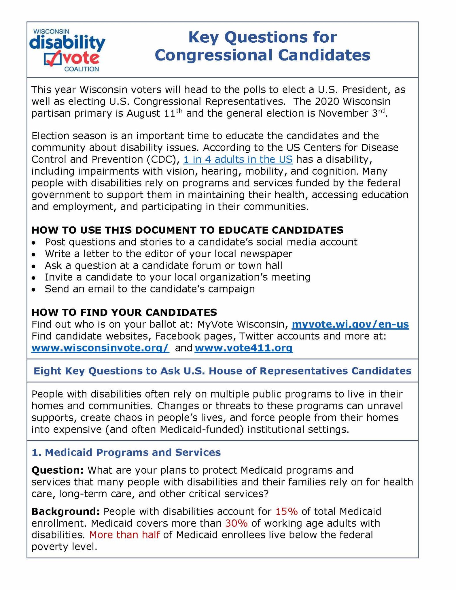 Key Questions for Congressional Candidates Wisconsin Disability Vote