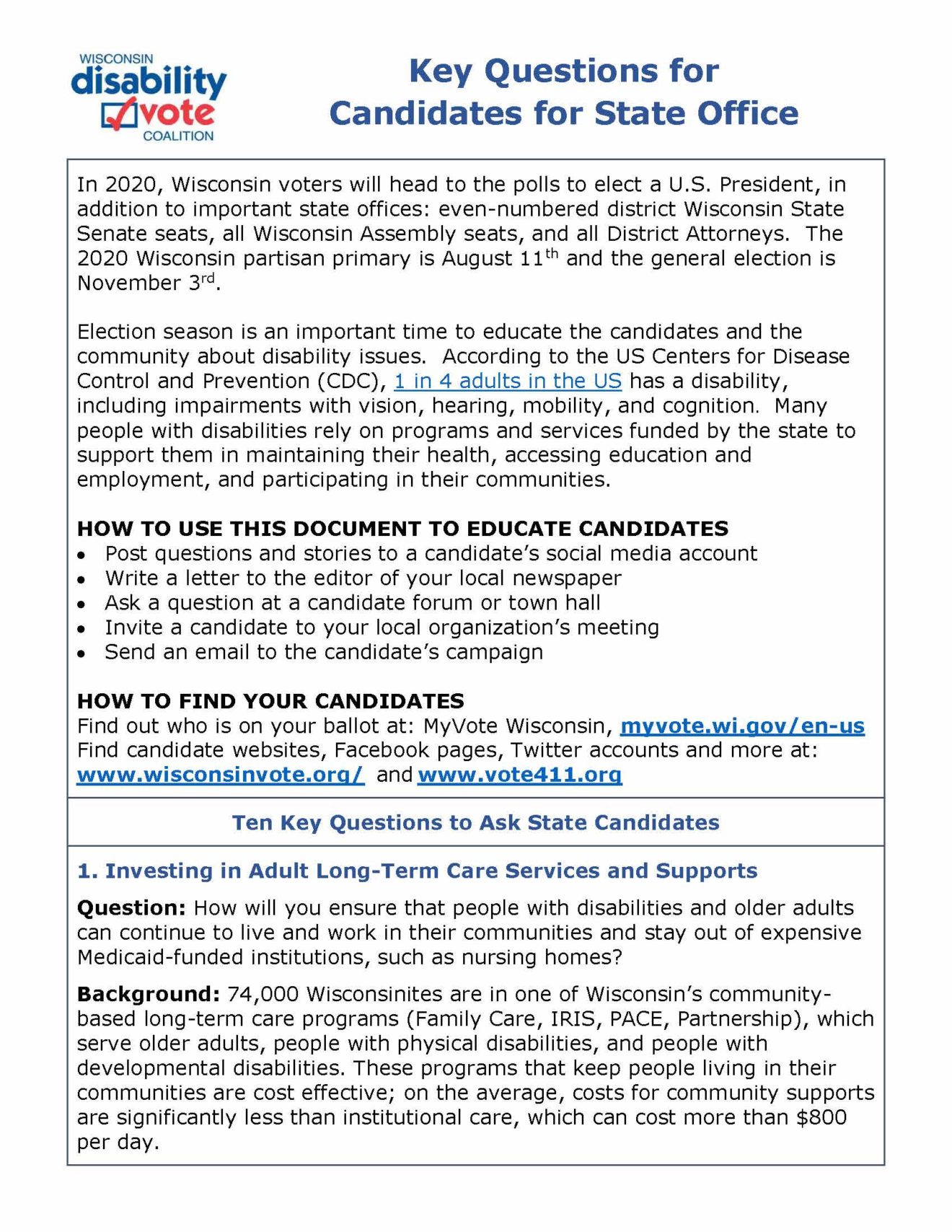 Key Questions for State Candidates Wisconsin Disability Vote Coalition