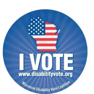 Sticker showing Wisconsin, I Vote, Wisconsin Disability Vote Coalition, www.disabilityvote.org