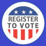 round button with red white and blue that says register to vote