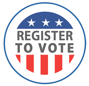 circle button with red white and blue that says register to vote