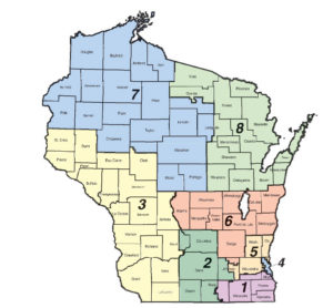 Map of Wisconsin color-coded by congressional district