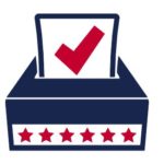 Ballot with checkmark going into box decorated with stars