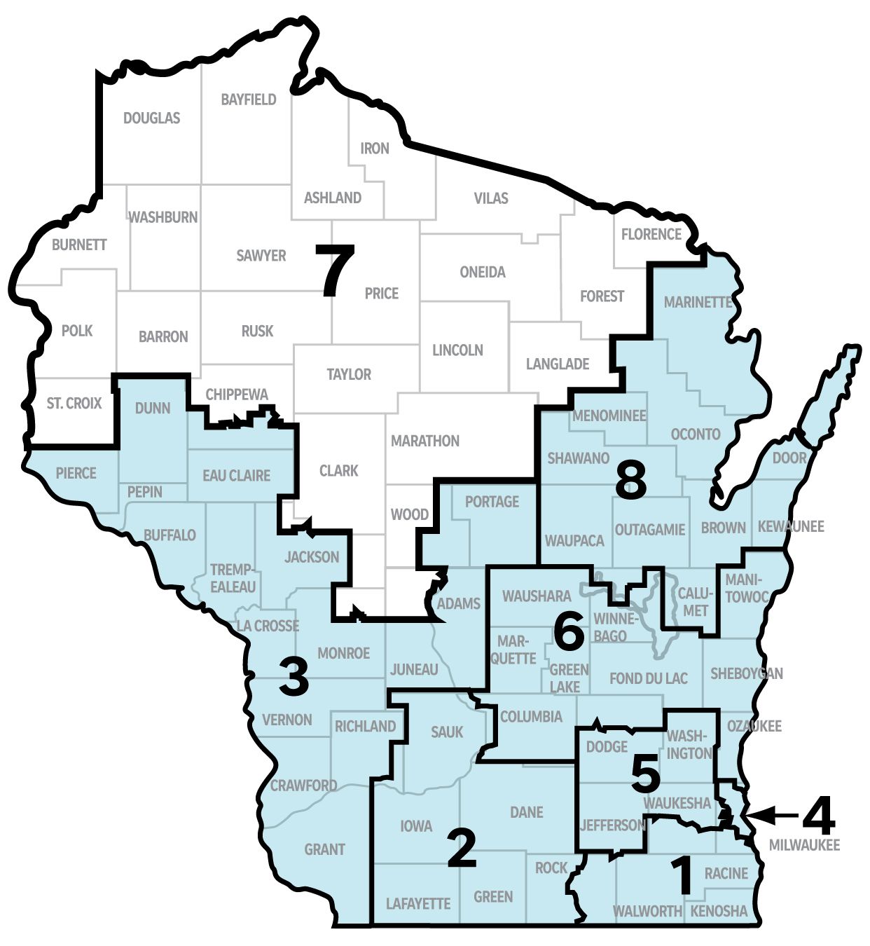 Graphic shows the counties included in Wisconsin's 7th Congressional District: Ashland, Barron, Bayfield, Burnett, Clark, Douglas, Florence, Forest, Iron, Langlade, Lincoln, Marathon, Oneida, Polk, Price, Rusk, Sawyer, St. Croix, Taylor, Vilas, and Washburn counties. Portions of Chippewa, Jackson, Juneau, Monroe, and Wood counties are also in the district.