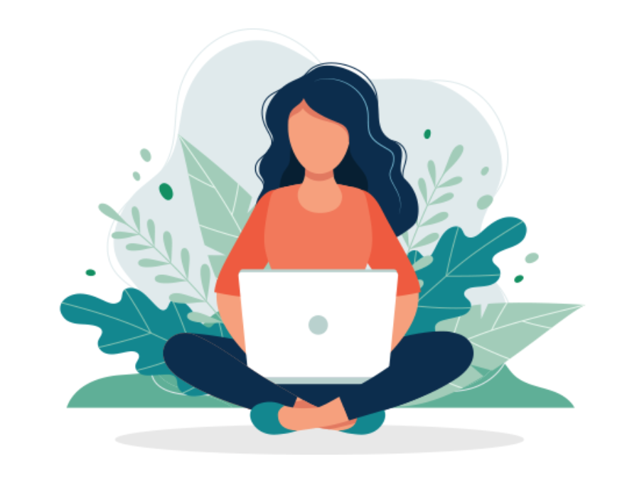 Graphic of a women sitting crossleg and holding a computer