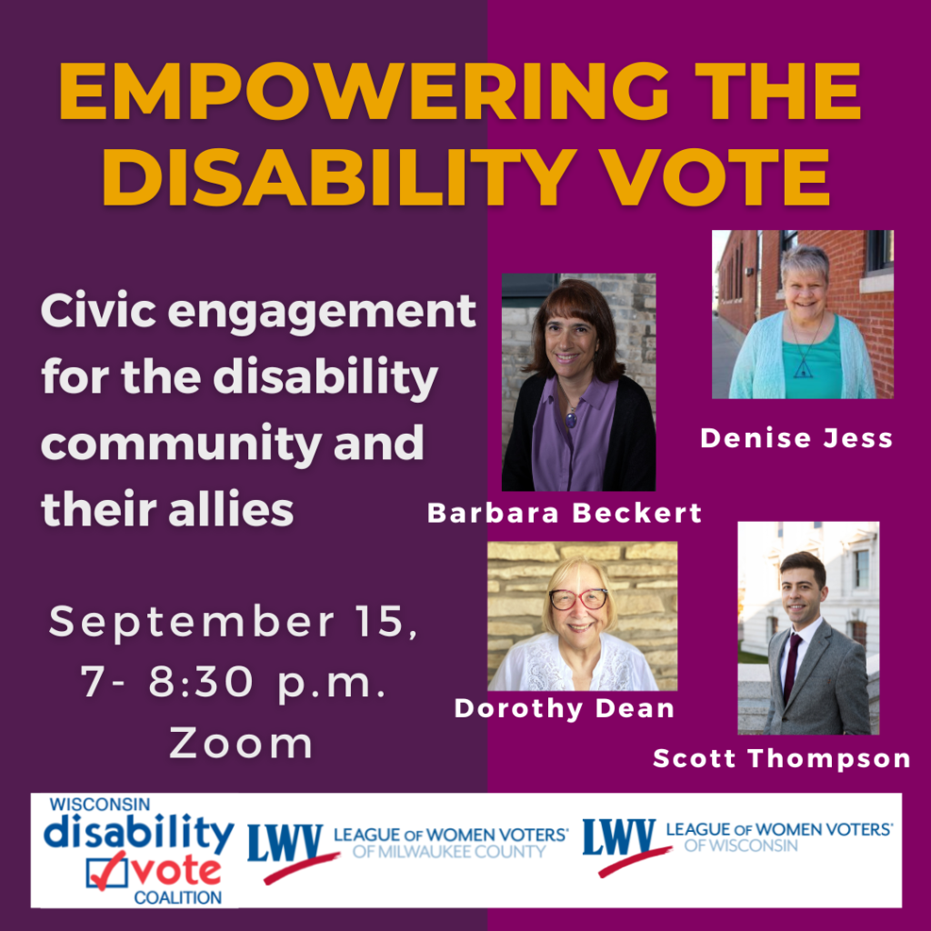 A collection of speakers, Barbara, Denise, Dorothy, and Scott, are grouped together for the Empowering the Disability Vote event. Further info is available in post.