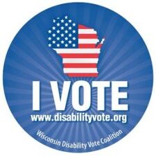 I vote button with image of State of Wisconsin in US Flag pattern
